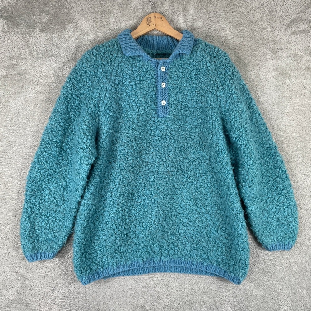 Vintage Esprit Sweater Womens Medium Teal Wool Blend Boucle Polo Collar Cottage